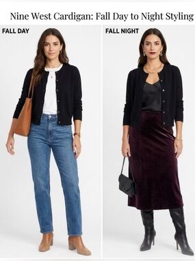 Nine West Black Crewneck Button-Down Classic Sweater/Cardigan